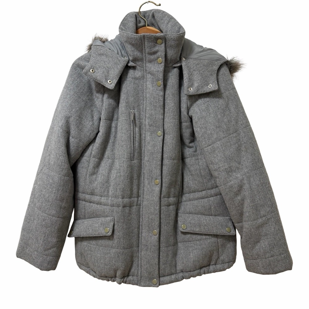 Talbots Wool Blend Faux Fur Lined Hooded Full Zip Jacket Size M Gray Winter Coat